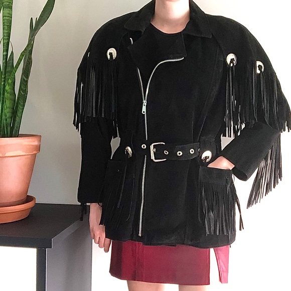 S/M/L 90's western black suede coat /fringe + cape - Picture 6 of 16